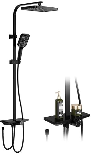 Rain Shower, Without Taps, with Shelf, Shower System with Stainless Steel Shower Head, Adjustable Shower Column, Square Shower Head, 25 x 25 cm, Black