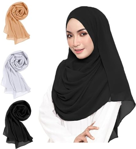 Luckwaii Hijab Musulmana Mujer, 3 Piezas Chifón Ligero y Fluido Moderno Pañuelo Musulmán Islámico para la Cabeza, Gasa Suave y Sedosa Hijab Fular 175 x 70 cm Turbantes para Mujer
