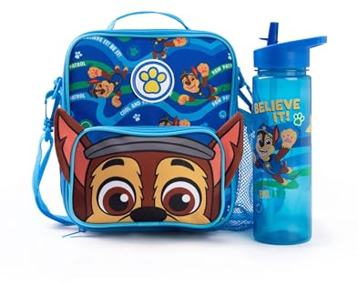 Paw Patrol Chase Blue Lunch Bag and Bottle Set | Believe in it! Cartoon Inspired Lunch Carrier | Adjustable Strap Easy Carry