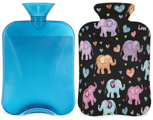 Cartoon Elephant Hot Water Bottle with Cover, Colorful Cute Elephant 2L Hot Water Bag for Pain Relief, Neck Soft and Shoulder, Hand Feet Warmer, Hot and Cold Compress for Adult Kids