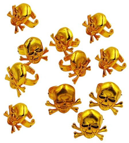 UPKOCH 12 Pezzi Anelli Decorativi Pirata Dorati per a Forma di Teschio Oggetti di Scena per Feste di Halloween e Compleanni Taglia Unica Adatta a e Adulti