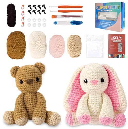 Virkning FöR NyböRjarset – Virkade Set Djur, Amigurumi Instruktioner Med Steg-FöR-Steg-Video, Perfekt FöR NyböRjare, Kreativt Virkningsset (Kanin och brunbjörn)