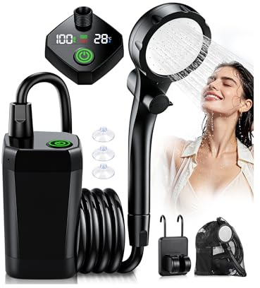 LuxBlue Camping Dusche mit Pumpe, Tragbare Campingdusche mit Akku 6000mAh, Duschkopf und 2M Schlauch, Outdoor Dusche Camping Mobile Set mit Akkustand|Temperatur LED Anzeige, Campingdusche für Campings