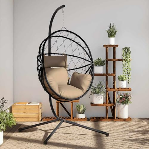 Mokuyary Silla colgante en forma de huevo y silla de relajación de acero y ratán topo, mecedora para sala de estar, jardín, terraza, rincón de lectura, exterior, balcón