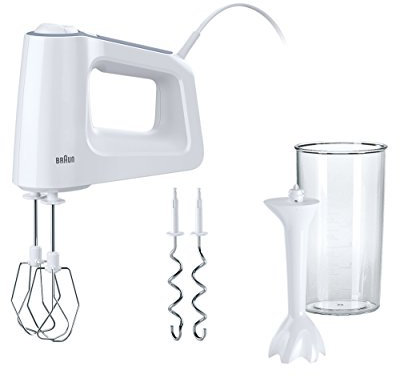 Braun HM3105WH MultiMix Serie 3, Sbattitore Elettrico a 5 Velocità e Turbo, Impugnatura Antiscivolo, Dotato di 2 fruste, 2 Ganci, Asta per Montare e Bicchiere Graduato da 600ml, Potenza 500 W, Bianco
