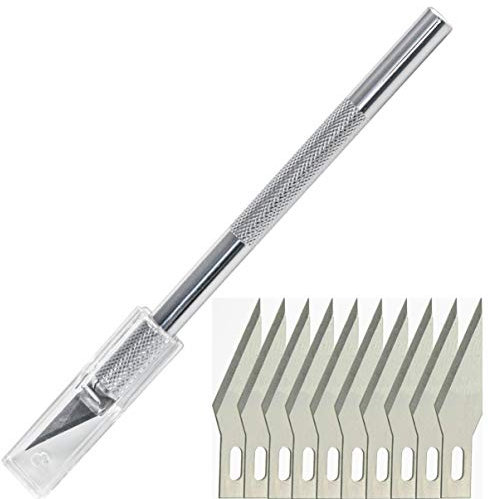 Cuchillo Manualidades con Práctico Mango Metálico │ 1 pieza │ 12 cm de largo (sin cuchilla), 1 cm de ancho │ incluyendo 20 cuchillas de repuesto │ by FD-Workstuff