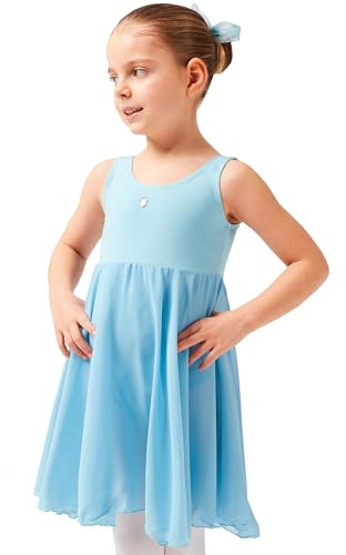 tanzmuster ® Ballettkleid Mädchen ärmellos - Helena - aus weichem Baumwollstoff mit Glitzerstein und Chiffon Röckchen fürs Kinder Ballett Ballettbody, hellblau, Größe:140/146