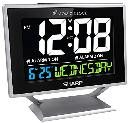 Sharp Desktop Dual Alarm Clock with Color Display - Atomic Accuracy - Calendar & Day of Week Time/Date Display
