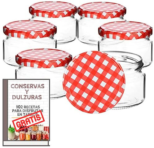 Awiku 6 Tarros Pequeños de Cristal de 140 ml con Tapa de Rosca Hermética + Ebook de 102 Recetas - Tarritos para Postres, Mermelada, Yogur, Salsas - Incluye Etiquetas