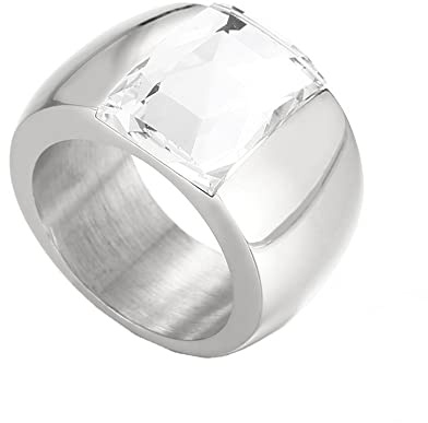 PAMTIER Anello con Gemma Multicolore Largo 10mm per Donne Anello a Fascia in Acciaio Inossidabile con Pietra Esagerata Placcato Argento Bianco Misura 22