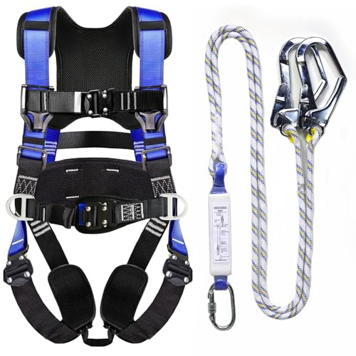 WHITEDEW Fall Protection Premium Safety Harness with Shock Absorbing Lanyard, Vented & Padded Shoulder, Legs & Back - Upgrade 4 Quick Buckles (Blue)