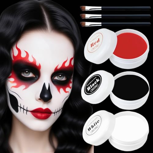 Maquillaje Halloween Blanco Negro Rojo, Halloween Pinturas Cara para Niños Adulto, Kit Maquillaje Halloween para Cara, Pintura Facial Halloween para Teatral Carnaval Fiesta,150g