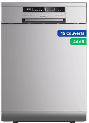 GEDTECH Lave-vaisselle GLV1544SL 15cv - Tiroir à couverts - 44 dB - Très silencieux - Départ Différé - Eco - Intensif - Rapide – Faible conso - Classe C - Silver - Protection enfant