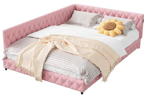 WSOFZMO Tagesbett 140x200 mit LED und USB, Polsterbett mit Lattenrost, Schlafsofa 140x200, Jugendbett Einzelbett, Teddy Velvet, Ohne Matratze (Rosa)