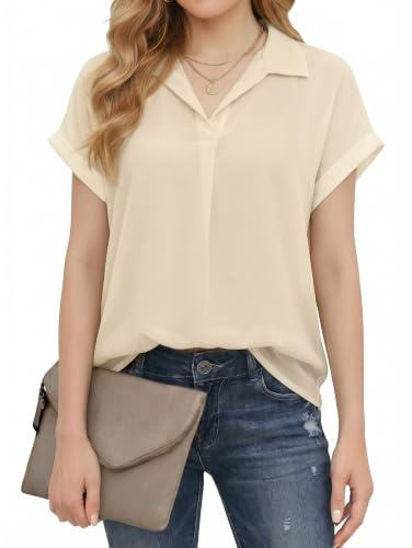 Enmain Women's Blouses Short Sleeve Summer V Neck Chiffon Tops for Women UK Work Casual Ladies Business Collared Shirts Solid