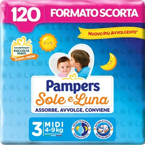 Pampers Sole e Luna Pannolini Midi, Taglia 3 (4-9 kg) - Pacco da 120 Pezzi