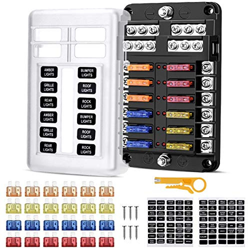 Caja Fusibles 12V, 12 Vías Caja de Fusibles Coche Portafusibles con Lámpara de Alerta LED Kit Bloque de Fusibles Plano ATC/ATO con Bus Negativo para Coche, Barco, Marino, Triciclo, Furgoneta, SUV