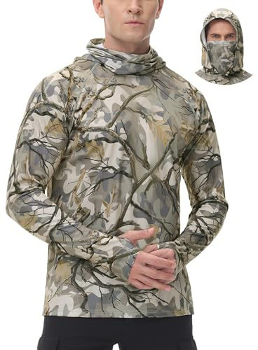 FISHEAL Mens Camo Hunting Shirt, UPF 50+ Long Sleeve Hoodie with Mask