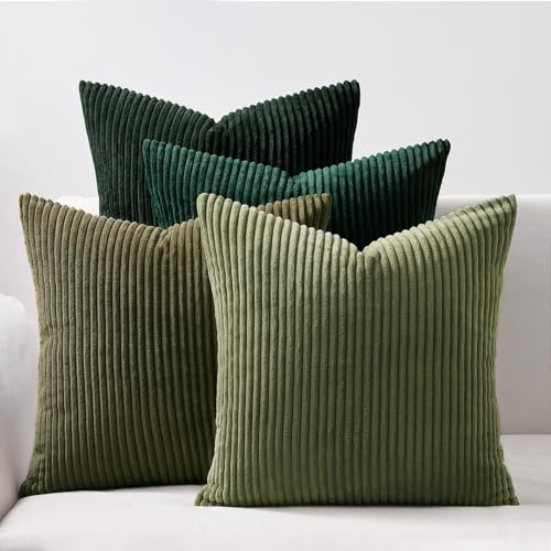 Topfinel Dark Green Cushion Covers 45cm x 45cm Sofa Bed Colorful Cushions Soft Pillow Case 18x18 Corduroy Scatter Decorative Cushions Pillow Cover for Livingroom Bedroom Invisible Zipper,Set of 4