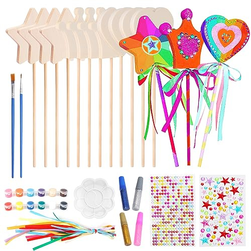TOTSUN 12Pcs Princess Fairy Wands Kit, Wooden Craft Kits for Kids Make Your Own Wand Magic Star DIY Art and Accessories Girls(4Pcs Star+4Pcs Heart+4Pcs Crown), 3 Styles