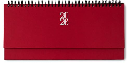Calendrier de bureau 2026, semainier à poser 30 x 10,5 cm, 1 semaine sur 2 pages (format horizontal), reliure spiralée métal, support rigide chevalet, multilingue – TEKSHOPPING (ROUGE)