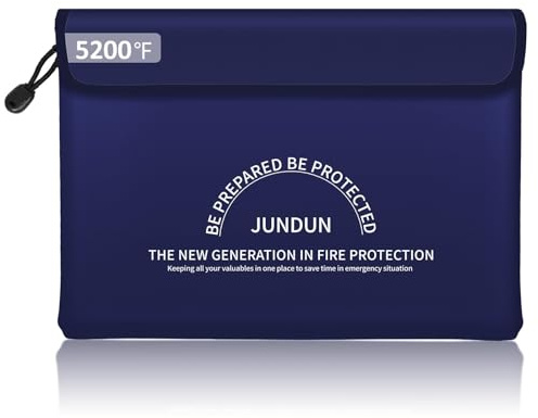JUNDUN Feuerfeste Dokumententasche mit 5200℉ Wärmeisolierung, 36x26cm wasserdichte und feuerfeste Geldtasche, 8 Lagen verdickte feuerschutz Tasche mit Reißverschluss für Dokumente und Bargeld,Blau