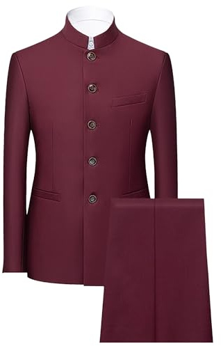 Maiyifu-GJ Men 2 Pieces Chinese Tunic Suit Mandarin Collar Blazer Set Button Jacket Pant Set Traditional Uniform Groom Dress (wine redA1,XX-Large)
