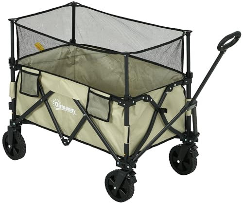 Outsunny Carro de Jardín 180 L Carro de Transporte Plegable con Ruedas Paredes Laterales Extensibles Longitud y Ángulo del Mango Ajustables Carga 120 kg para Patio Playa Caqui