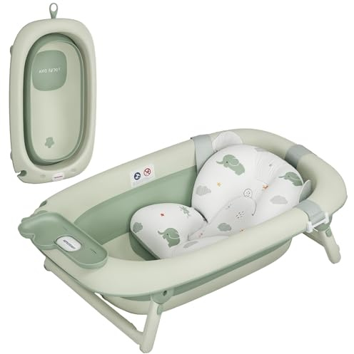 AIYAPLAY Baby Badewanne Faltbare Babybadewanne mit Badekissen, Tragbare Baby Bathtub, rutschfest Babywanne, Badebecken, Duschwanne für Kleinkinder 0-3 Jahre, Grün