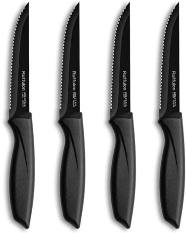 Ruffulon Steak Knife Set of 4 - Black Stainless Steel Serrated Kitchen Knives with Ergonomic Handle, Multipurpose Dinner Set, Dishwasher Safe, Rust-Proof