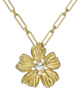 Ted Baker Petrice Flower Statement Crystal Pendant Necklace for Women (Gold/Pearl and Crystal)