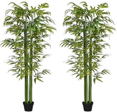 HOMCOM Pack de 2 Bambú Artificiales en Maceta 180 cm Plantas Artificiales para Interiores para Decoración de Salón Oficina Hogar Verde