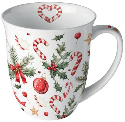 Ambiente Porzellan Kaffee/Teetasse Jumbotasse 400ml Weihnachten Symbole weiß rot und Zweige Advent Weihnachtstasse