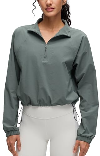 CRZ YOGA Womens Half Zip Athletic Jackets Pullover Lightweight Workout Outdoor Casual Long Sleeve Tops with Pockets Grey Sage 12