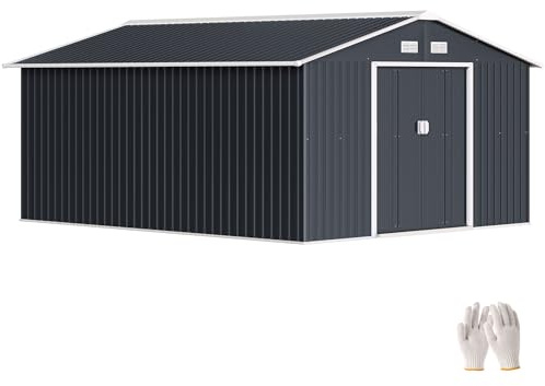 Outsunny Casetta da Giardino 12.4m² in Acciaio Zincato con Prese d'Aria, Capanno da Giardino con Tetto Inclinato, Doppie Porte Scorrevoli Bloccabili, Capanno Porta Attrezzi, 340x386x200 cm, Grigio