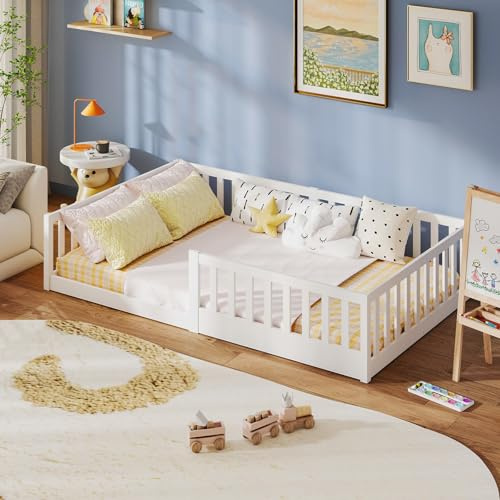labebe Cama baja para niños 120 x 200, cama Montessori de madera maciza blanca con barandillas de seguridad y somier (colchón no incluido) Adecuada para niños y bebés