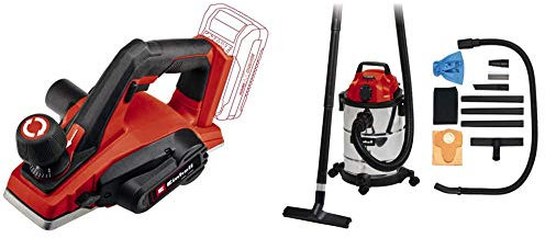 Einhell Rabot sans fil TE-PL 18/82 Li-Solo Power X-Change (profondeur de passe jusqu’à 2 mm,patin de repos automatique, vendu sans batterie ni chargeur) Livré avec Aspirateur Synchro TC-VC 1820 SA