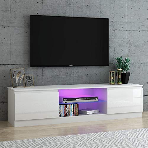 Panana Modern TV Unit Cabinet Stand LED Cupboard 160CM Matt Body and High Gloss Front (White) (White)