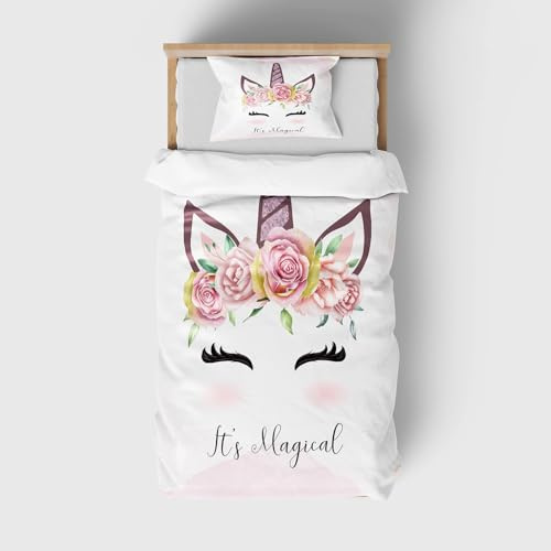DJDEA Bettwäsche 135x200 Weich Mikrofaser 2-teiliges Kinderbettwäsche Atmungsaktiv Bedrucktes Bettwäsche Einhorn mit Kissenbezug 80x80cm