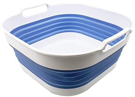 SAMMART 10L (2.64 gallon) Collapsible Plastic Dishpan - Foldable Washing Basin - Portable Dish Washing Tub - Space Saving Kitchen Storage Tray (White/Baby Blue)