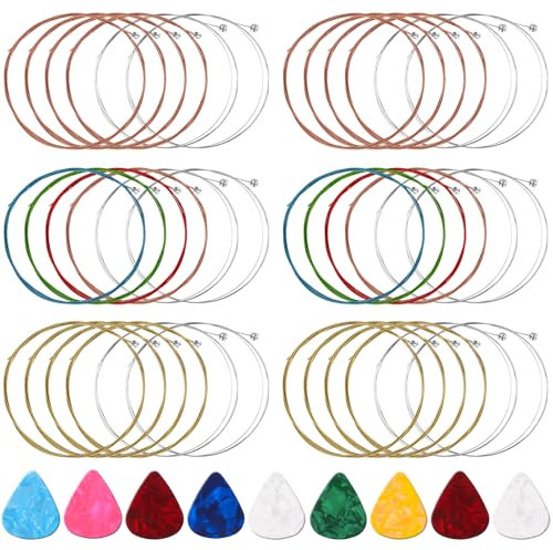 6 Sets Akustikgitarren Saiten, Gitarrensaiten, 36 Stück Gitarren Saiten mit Gitarrenpick, Ersatz-Stahlgitarrensaiten (2 Sets Messing, 2 Sets Kupfer und 2 Sets Mehrfarbig)