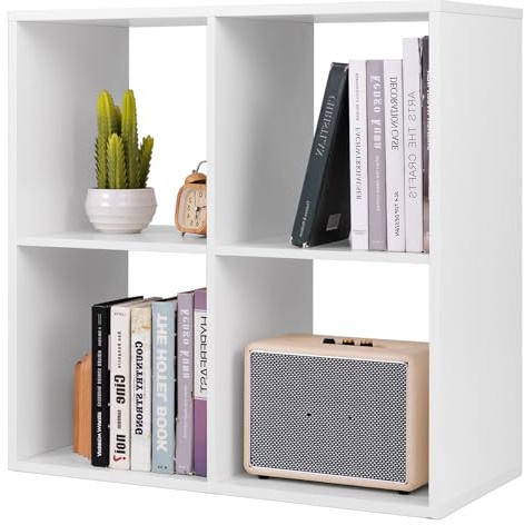 HOMASIS Bücherregal mit offenen Fächern, Würfelregal Weiß, Standregal Regal Holz, Aufbewahrungsregal Raumteiler Büroregal Aktenregal für Wohnzimmer Arbeitszimmer Büro (4 Fächern 69,5x33x69,5 cm)