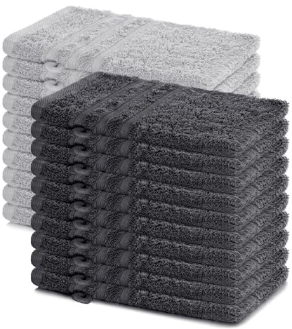 Lavea® Lot de 20 Gants de Toilette 15x21 cm en Éponge 100% Coton – Doux et Absorbants – Maison, Hôtel, Spa, Invités, Bébé – Serviette Visage/Essuie-Main – Anthracite et Argent