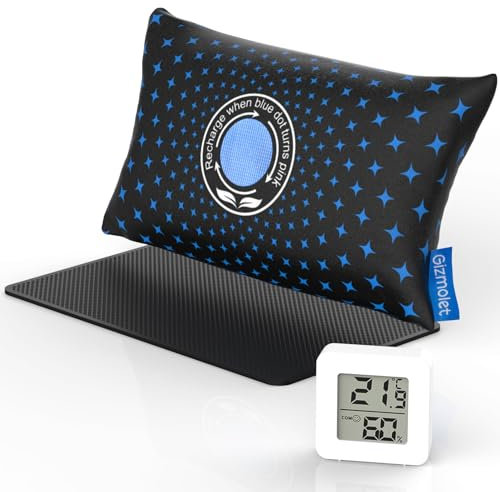 Gizmolet Luftentfeuchter Auto 500g, Mikrowellen-regenerierbar, Wiederverwendbar Entfeuchter Auto mit Indikator, Anti-Rutsch-Pad, Digitales Hygrometer, Ideal für Autos, Kleiderschränke und Kleine Räume
