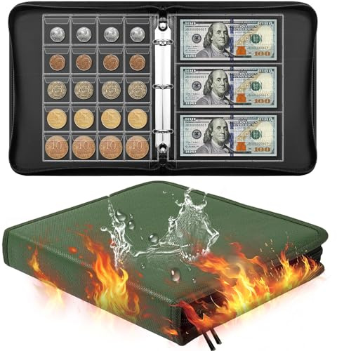 Ettonsun Fireproof Coin Collection Book Holders for Collectors, 460 Pockets Coin Organizer Sleeves Coin Album & 36 Currency Sleeves Album Money Holder Coin Storage Case (Green-Upgraded)
