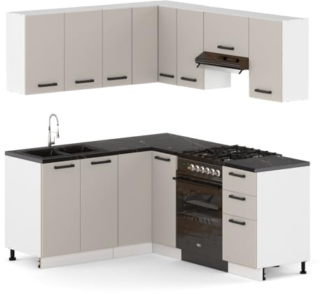 Küchenmöbel-Set Eckbank, Küchengarnitur mit Ober- und Unterschränken, Modularküche zum Selbstmontagen ohne Haushaltsgeräte, Stil Modern in Kaschmir
