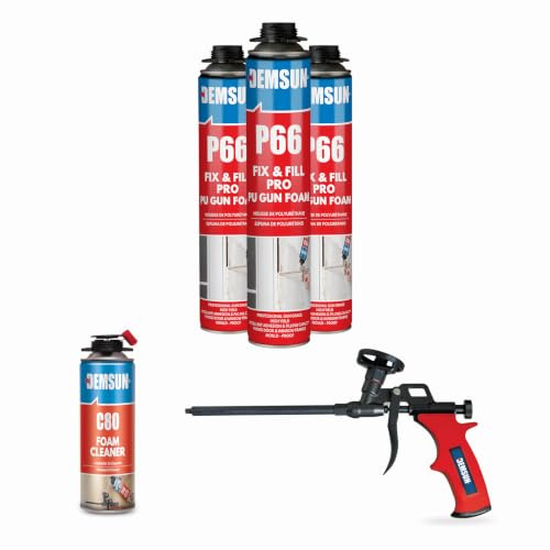 Demsun P66 750ml Expanding Foam Kit 3 Pcs with 75 cm Foam Gun, Wall Filler & Gap Sealant for Windows, Doors and Cavities, Thermal Insulation, Acoustic Soundproofing, Mould Proof, Fire Class B3