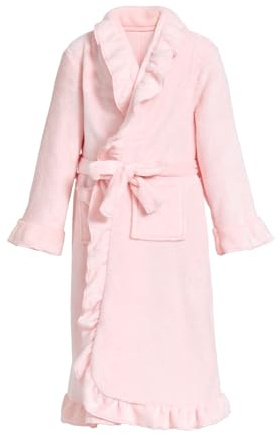 JiAmy Girls' Ruffled Fleece Dressing Gown with Belt and Pockets, Ages 4-14 | Soft and warm flannel-feel loungewear for bedtime, mornings and after-bath comfort