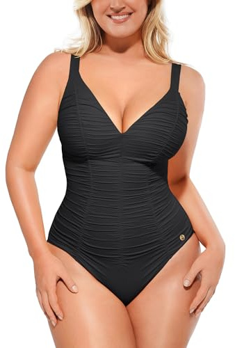 SHAPELLX Womens Tummy Control One Piece Swimsuit Slimming Bathing Suit with Adjustable Lace-Up Back Black Medium