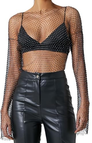 HAPZUR Crop Top Donna Maglia a Rete Trasparente 1 Pezzo Taglia M, Sexy Glitter Maniche Lunghe per Feste, Discoteca, Carnevale & Halloween